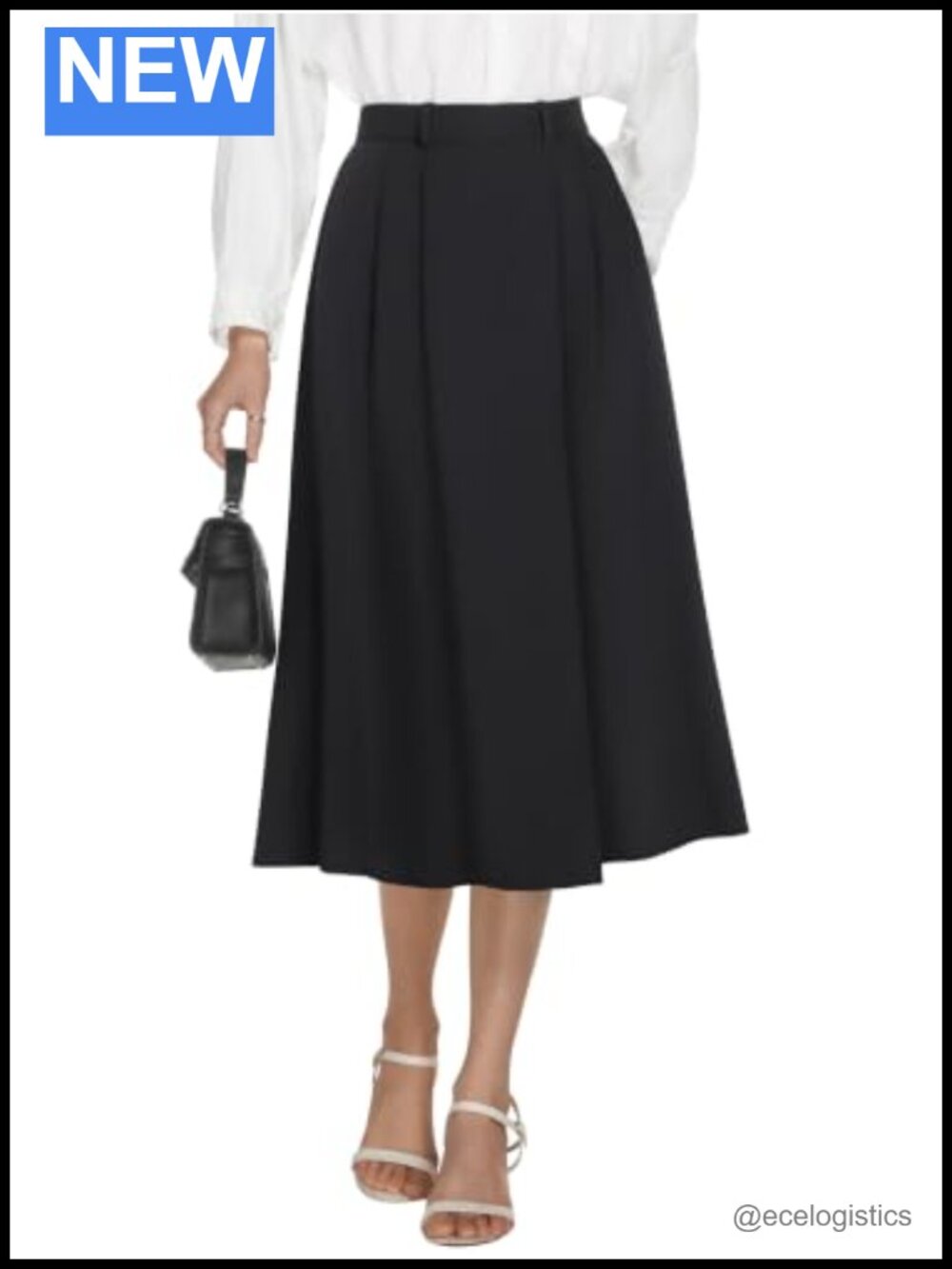 High Waisted Pleated A-Line Midi Skirt with Pockets Business Casual